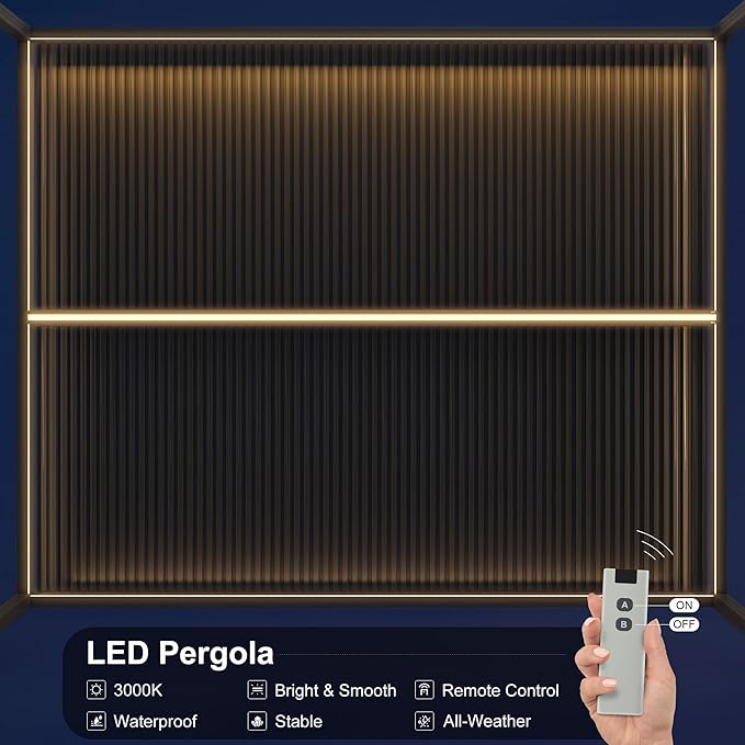 PURPLE LEAF LED Louvered Pergola 94AS 12'x 16' Full Aluminum Frame and Adjustable Roof Integrated Strip Lights for Outdoor Deck Garden Patio Gray Hardtop Gazebo Pergola