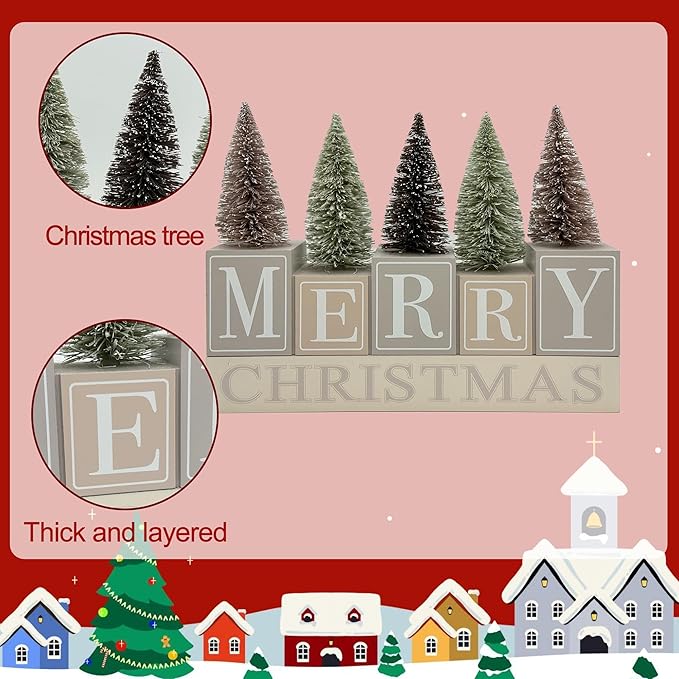 Christmas Decorations for Home Farmhouse Merry Christmas Tree Decor Wooden Winter Rustic Sign Vintage Holiday Tabletop Block for Kitchen Xmas Party Mantel Tiered Tray Gift