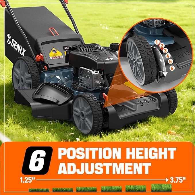 SENIX Self Propelled Gas Lawn Mower 21''- 140 cc 4-Cycle Briggs & Stratton Engine, 3-in-1 Bagging, Mulching, and Side Discharge, 6 Heights Adjustment, Gas Lawn Mower