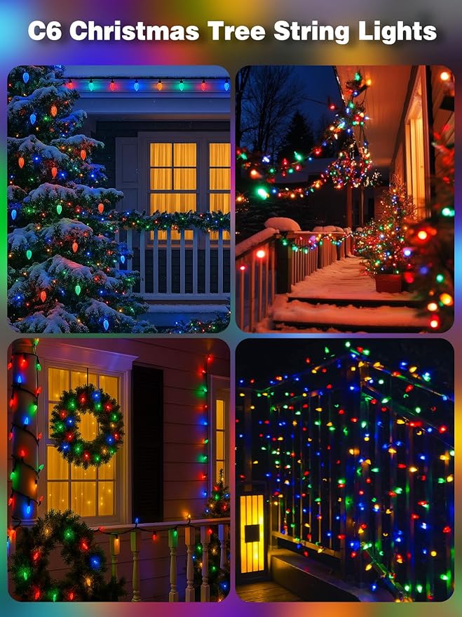 2 Pack C6 Christmas Lights Outdoor Indoor, Total 200 LED 66 FT Connectable Christmas String Lights with Timer & 13 Modes, Waterproof Twinkle Light for Xmas Tree Party Wedding Decorations (Multicolor)