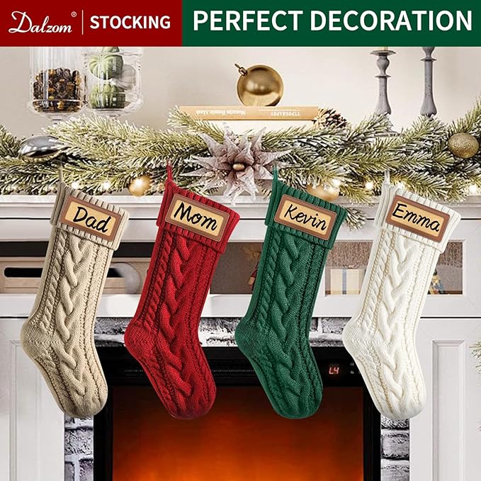Dalzom® 4Pcs Personalized Christmas Stockings with Leather Patches Custom Name, 18” Premium Large Knitted Christmas Stockings for Kids, Family, Holiday and Fireplace Party Decoration