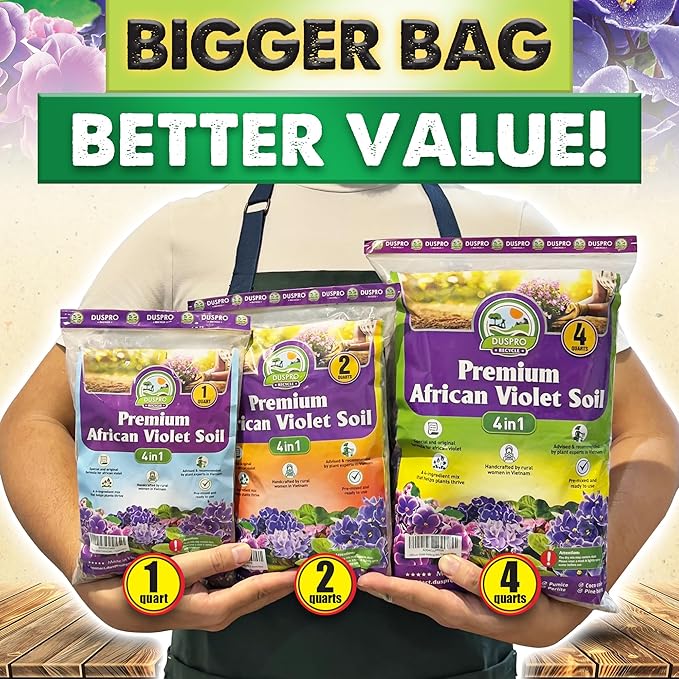 DUSPRO Recycle Premium 4-in-1 African Violet Potting Soil African Violet Soil Blend with Perlite, Coco Coir, Pumice, Pine Bark for Optimal Moisture Retention & Drainage 4QT