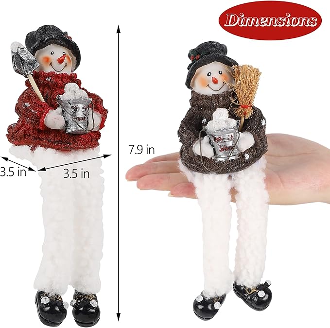 Lulu Home Christmas Snowman Decorations - 3 Pack Resin Snowman Shelf Sitters with Plush Dangling Legs for Winter Xmas Tabletop Mantel Fireplace Home Holiday Decor
