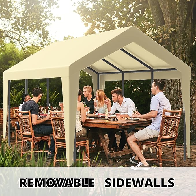 10x20 Carport, Heavy Duty Carports with Removable Sidewalls, Waterproof and UV-Resistant Portable Outdoor Garage Shelter for All Season (Beige)