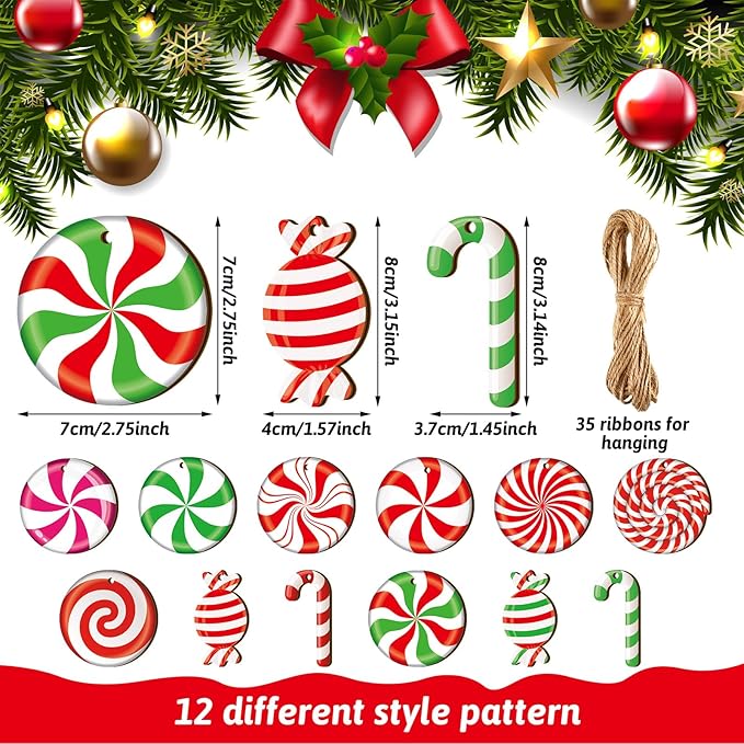Qunclay 36 Pieces Candy Cane Christmas Ornaments Christmas Wood Hanging Decor Xmas Tree Wood Cutouts Peppermint Decor for Home Party Decoration Supplies (Colorful Candy)