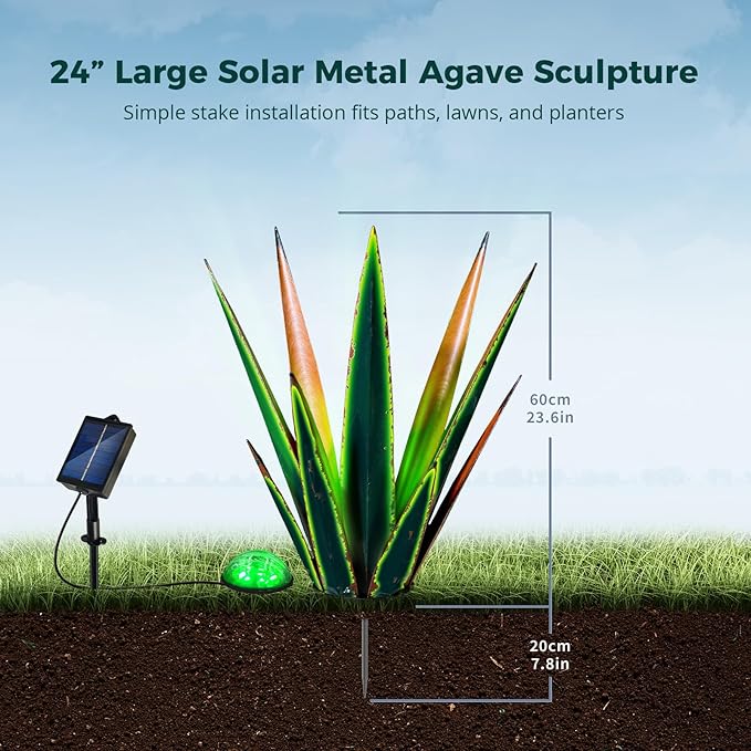 24” Large Solar Metal Agave Plants Outdoor Decor, Tequila Rustic Sculpture Outdoor Statues, Garden Sculpture for Patio Path Courtyard and Lawn