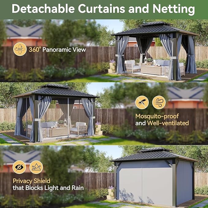 Aoxun Hardtop Gazebo 10x12, Aluminum Frame Canopy with Double Galvanized Steel Roof, Outdoor Gazebo with Breathable Netting and Privacy Curtain for Backyard, with Ground Nails