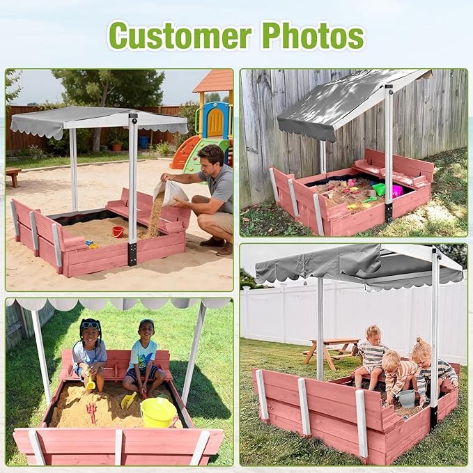 Wooden Sand Box with Cover,Sandbox with Lid Foldable Beench Seats,Sand Boxes for Backyard Garden, Beach Patio Outdoor (Sandbox-P)