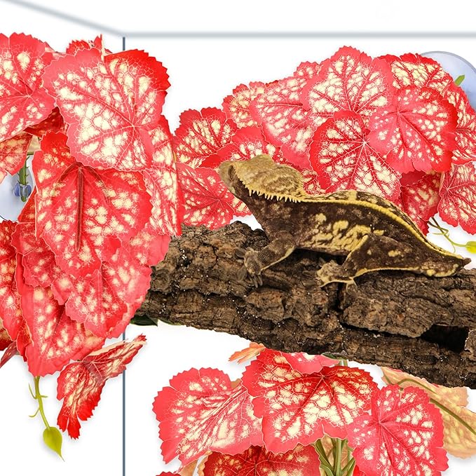 2 Pack Reptile Plants for Terrarium, Artificial Leaves Habitat Decorations with Suction Cups, Terrarium Hanging Plants Vines for Bearded Dragons Lizards Snake Geckos Frogs - Red
