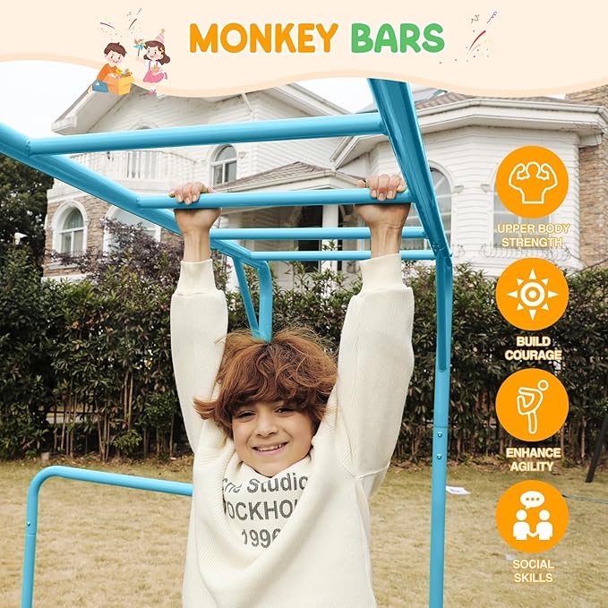 Outdoor Monkey Bar Set for Kids, with Climbing Frame, Gymnastics Bars, Playground Sets for Backyards, Metal Monkey Bars for Kids Age 3+, Backyard Set with Powder Coated Steel, SkyBlue