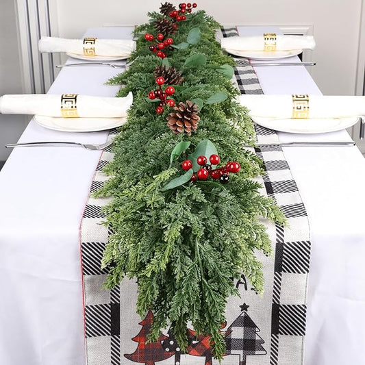 6ft Christmas Garland Realistic Soft and Thickness Green Faux Cedar Pine Garland Artificial Cedar Cypress Garland with Red Berries for Home Fireplace Wall Indoor Outdoor Holiday Party Decoration