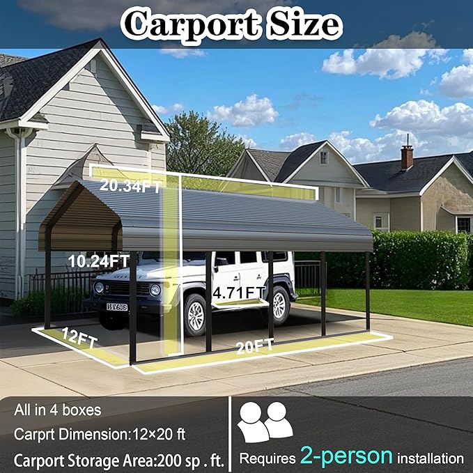 12x20 ft Metal Carport for Outdoor Garages Steel Heavy Duty Portable Garage with Large Tall Carports Canopy for Snow, Car Ports with Galvanized Steel Roof & Frame - Grey