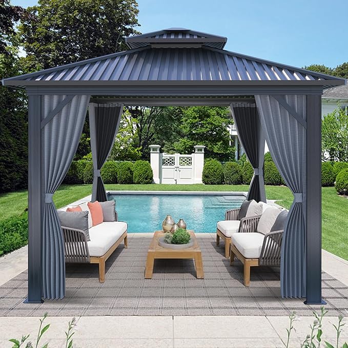 10 X 10ft Hardtop Gazebo, Galvanized Steel Double Roof Gazebo with Nettings and Curtain Outdoor Aluminum Frame Vertical Stripes Roof Permanent for Patio, Backyard, Lawns