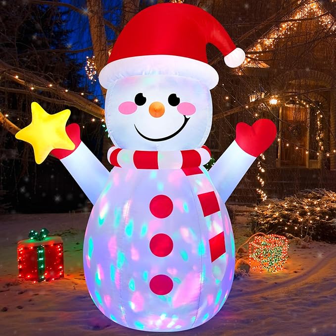 5FT Snowman Inflatable Outdoor Christmas Inflatables Blow Up Yard Decorations, Built-in Colorful Rotating LEDs Funny Merry Xmas Snow Man Decor with Star & Smile for Holiday Garden Patio Lawn Party