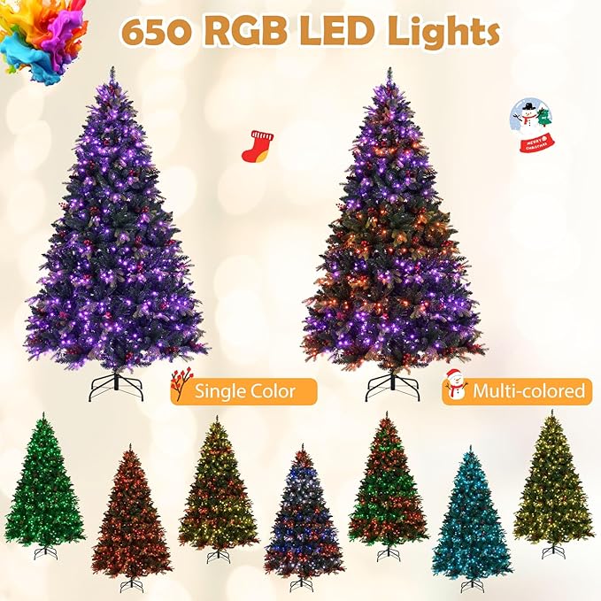 GOFLAME 8FT Pre-lit Artificial Christmas Tree, Hinged Xmas Tree with Remote and App Control, 650 Color & Mode Changing RGB Lights, Timer, 1936 Branch Tips, Pine Cones and Red Berries