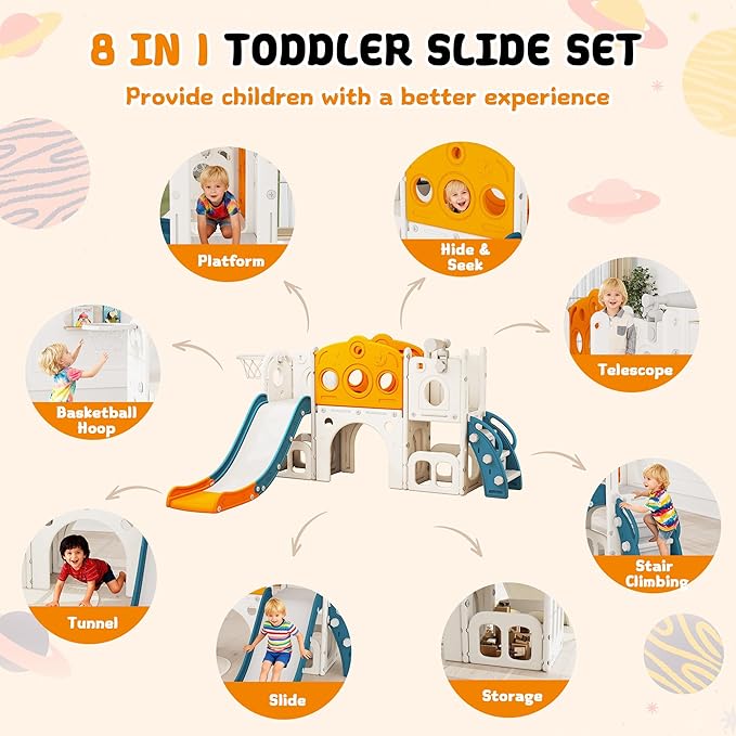 8 in 1 Toddler Slide, Outdoor Indoor Playset for Kids Baby Age 1 2 3, Childs Climber Slide with Storage Space and Non-Slip Steps, Basketball Hoopa and Telescope, Yellow & Green