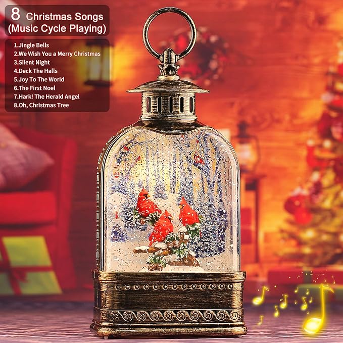 11Inch Christmas Snow Globes Cardinal Gifts, Musical Cardinal Snow Globe Glitter Light Up, Christmas Decorations Indoor 6H Timer Red Cardinal Christmas Decor for Women