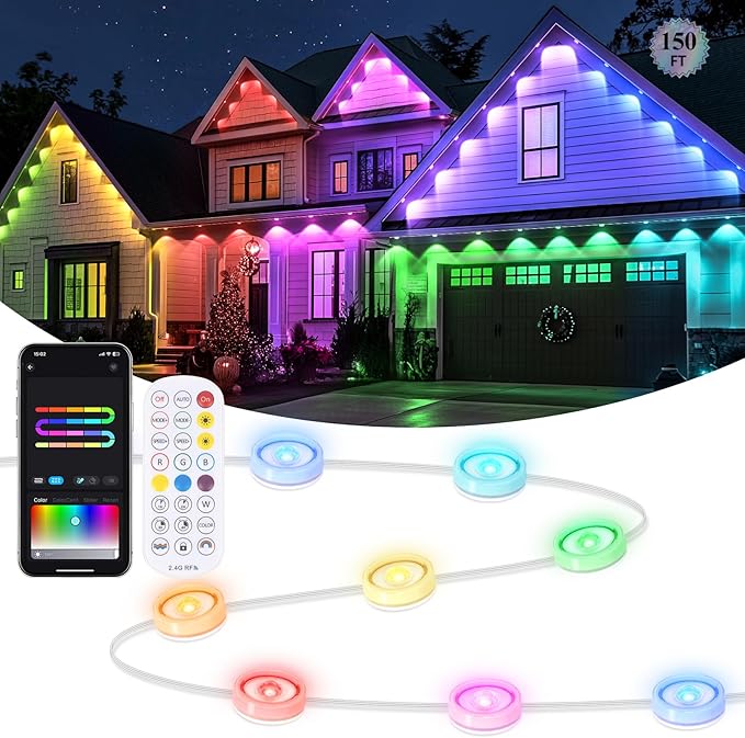 Brightever 150FT Permanent Outdoor Lights for House, RGBIC Outdoor Light with 90 Scene Modes&75 LED Lights, Smart Christmas Decor for Outside, IP65 Waterproof House Light for All Year Decoration