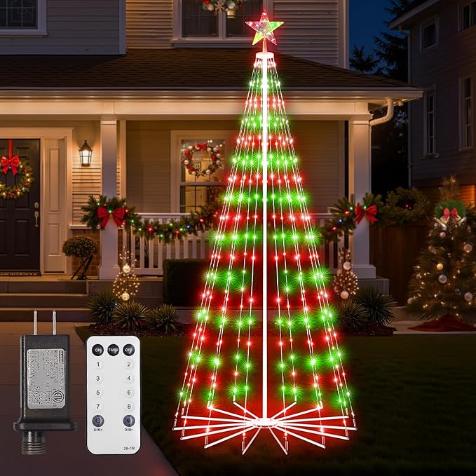 Christmas Cone Tree Light, 7ft 295 LED Light Show Christmas Tree with 8 Modes Timer Remote, Dimmable Artificial Christmas Tree for Porch Yard Patio Indoor Outdoor Xmas Holiday Decor, Red & Green