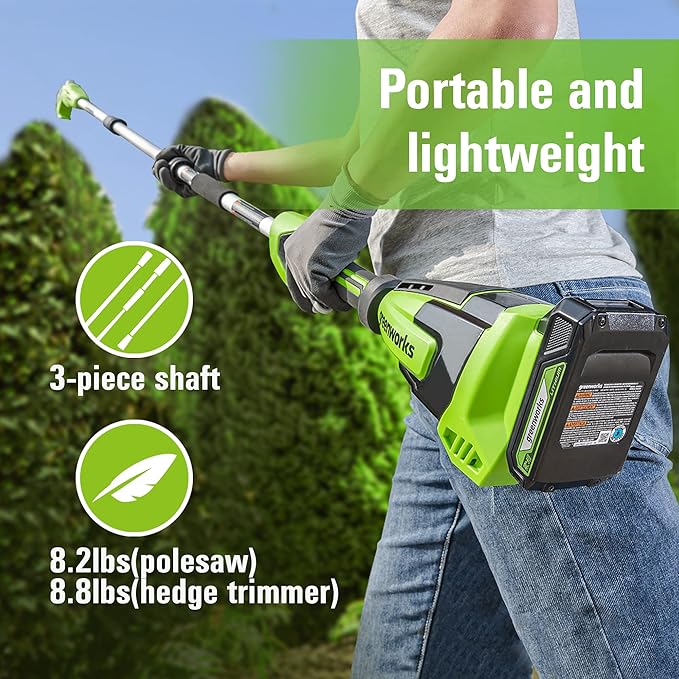 Greenworks 24V 8 Cordless Polesaw + 20 Pole Hedge Trimmer Combo (Great For Pruning and Trimming Branches / Shrubs), 2.0Ah Battery and Charger Included