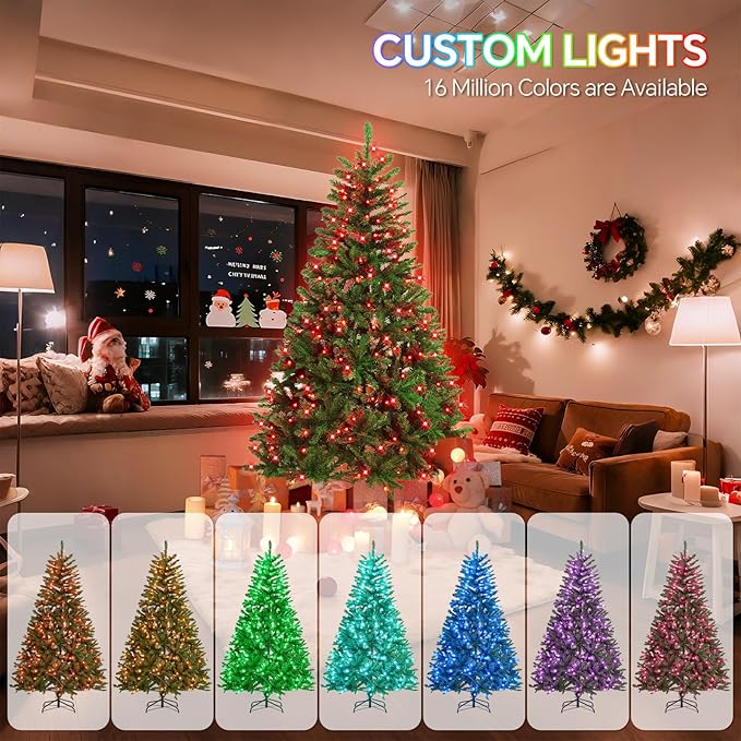 6FT Pre-lit Christmas Tree, RGB Color Changing Smart Artificial Christmas Tree with Lights, 920 PVC Branch Tips, App&Remote Control, Light up Christmas Tree for Indoor Outdoor Decoration