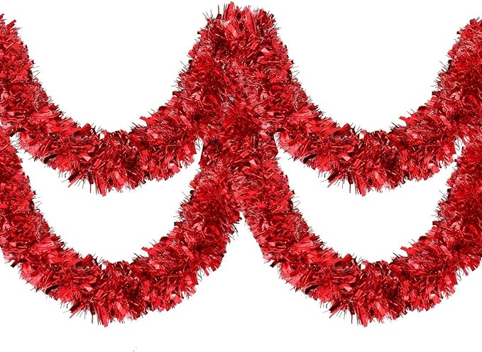 33 FT Red Christmas Tinsel Garland, Metallic Christmas Tree Decoration, Candy Cane Christmas Decoration for Holiday Classroom Halloween Birthday Party,Indoor and Outdoor New Year Parties