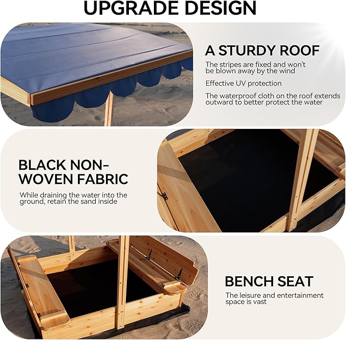 Wooden Sandbox with Lid & Canopy Cover, 48x48 Large Outdoor Sand Box for Kids Ages 4-8, with Foldable Bench Seats, UV-Resistant & Adjustable Height Roof & Bottom Liner