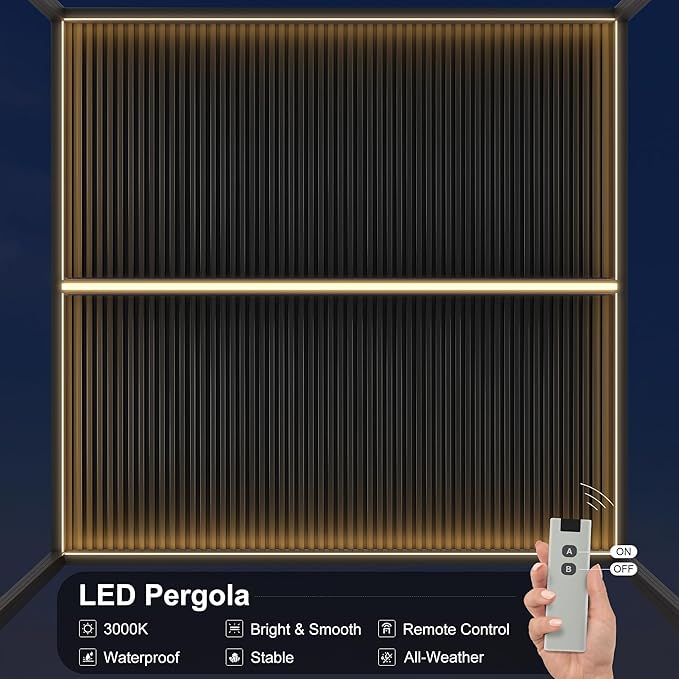 PURPLE LEAF LED Louvered Pergola 94AS 12'x 14' Full Aluminum Frame and Adjustable Roof Integrated Strip Lights for Outdoor Deck Garden Patio Gray Hardtop Gazebo Pergola