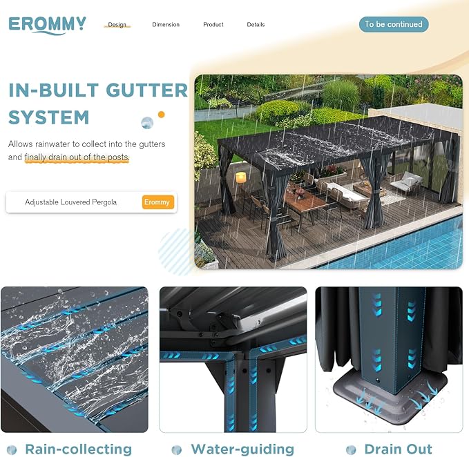 EROMMY Louvered Pergola 10' x 20' Outdoor Hard Top Pergola with Aluminum Frame and Adjustable Metal Rainproof Roof for Garden & Patio, Curtains and Netting Included, Gray-Black