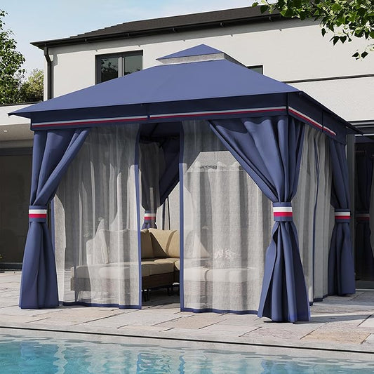 LAUSAINT HOME Semi-Permanent Patio Gazebo 10'x10' with Expansion Bolts, Outdoor Heavy Duty Party Tent with Double Roofs, Mosquito Nettings and Privacy Screens for Backyard, Garden, Lawn, Elegant Blue