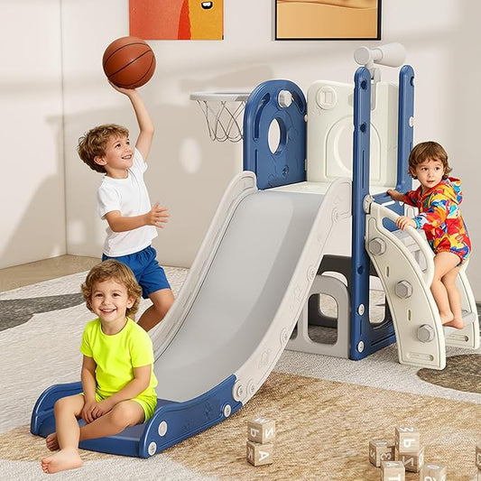 6 in 1 Toddler Slide, Kids Slider for 1-3, Indoor Outdoor Playset Playground with Basketball Hoop, Storage, Climber and Telescope, Great Gift for Baby & Child, Blue and White