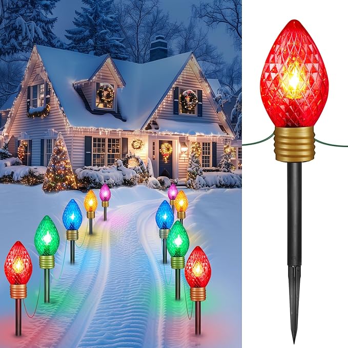 4 Pack Jumbo Lights C9 Christmas Pathway Lights Outdoor - 10.5 Feet 5 Lights Strawberry C9 Walkway Lights, C7 Lights Covered Jumbo Multicolor Light Bulb Outdoor Decorations for Lawn Garden Outside