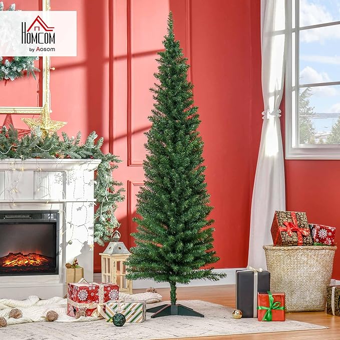 HOMCOM 6' Artificial Pencil Christmas Tree, Slim Xmas Tree with 390 Realistic Branch Tips and Plastic Stand, Green