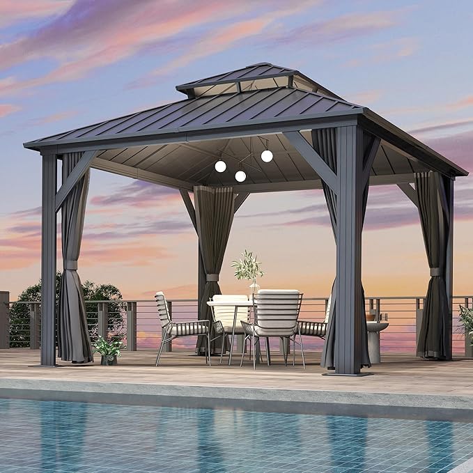 COVERONICS 12' x 14' Outdoor Galvanized Hardtop Gazebo - Aluminum Heavy-Duty Double Roof Vented Gazebo with Breathable Netting & Privacy Curtains for Patio, Porch, Garden, Lawn