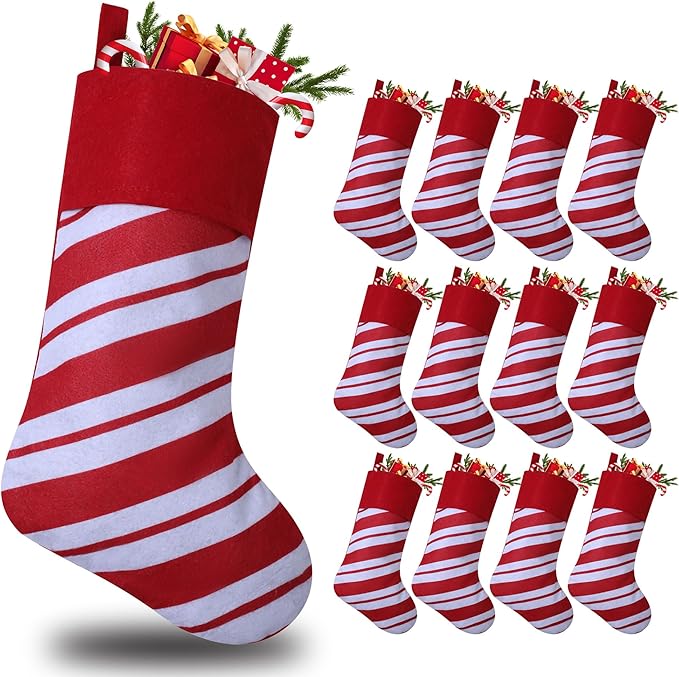 12 Pack Candy Cane Christmas Stockings, 19 Inches Red and White Christmas Stockings for Family Christmas Holiday Decorations