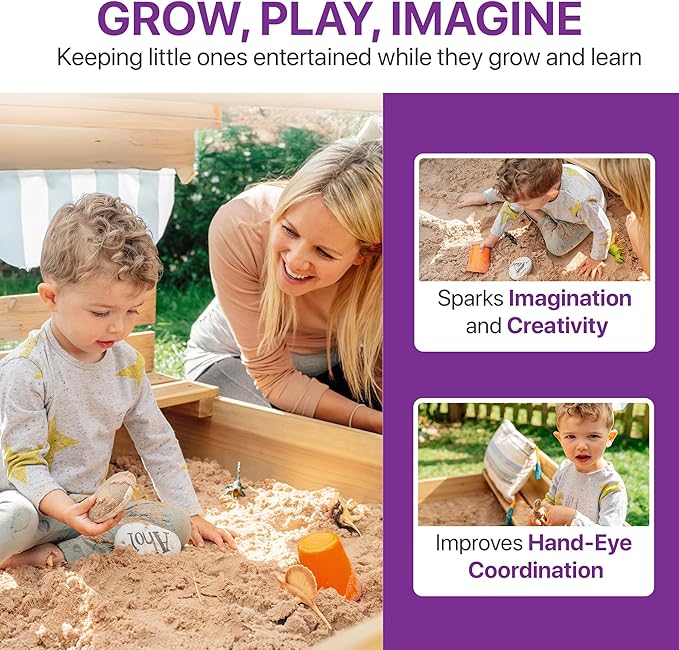 Plum? Kids Outdoor Wooden Sandbox with Lid - Toddler Sensory Toys, Outdoor Sand Box for Kids with Bench Seat, Adjustable Canopy & Bottom Liner, UV-Protection, Weatherproof, Easy Assembly, Ages 3+ Yrs