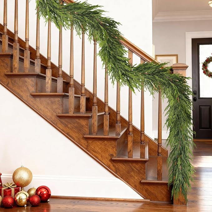6FT Real Touch Norfolk Pine Garland - Artificial Christmas Garland Fake Green Faux Pine Needles Garland for Table Fireplace Mantle Holiday Home Indoor Outdoor Decor (1PCS)