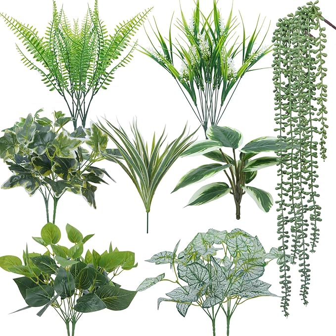 16 Bundles Artificial Greenery Stems for Outdoors Faux Plants UV Resistant Fake Leaves Bushes with Hanging Plants for Outside Porch Window Box Home Garden Decor (13.8")