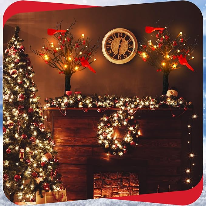 Realspring 2 Pcs Vintage Glowing Tree with Cardinals Lighted Mini Birch Tree 24 LED Cardinal Little Red Bird Table Decoration for Tabletop Centerpiece Xmas Indoor Home Decor, Operated by Battery