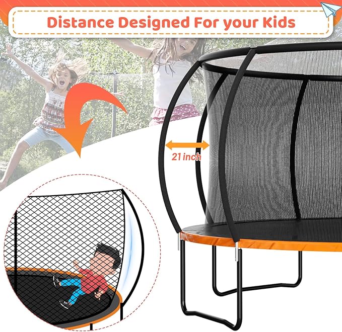 8FT 10FT 12FT 14FT 16FT Trampoline Outdoor, Trampolines for Kids & Adults, Pumpkin Trampolines with Safety Net, Ladder, Coating Metal Frame, ASTM Approved Large Backyard Trampoline for Kids