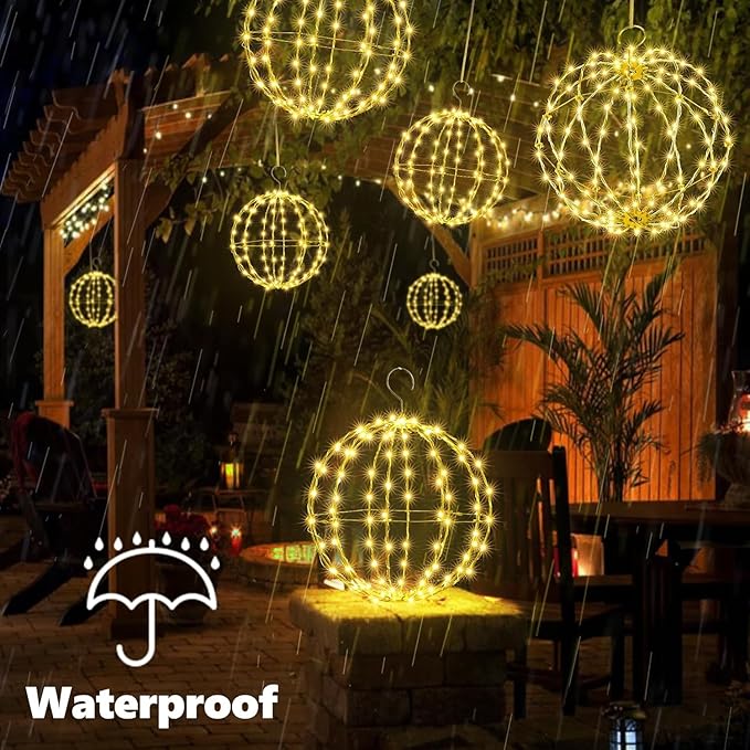 Joomer 2 Pack Christmas Ball Lights, 13IN & 11IN Foldable Metal Sphere Light, Connectable Waterproof 8 Modes with Timer, Hanging Tree Globe Lights for Holiday Christmas Decorations (Warm White)