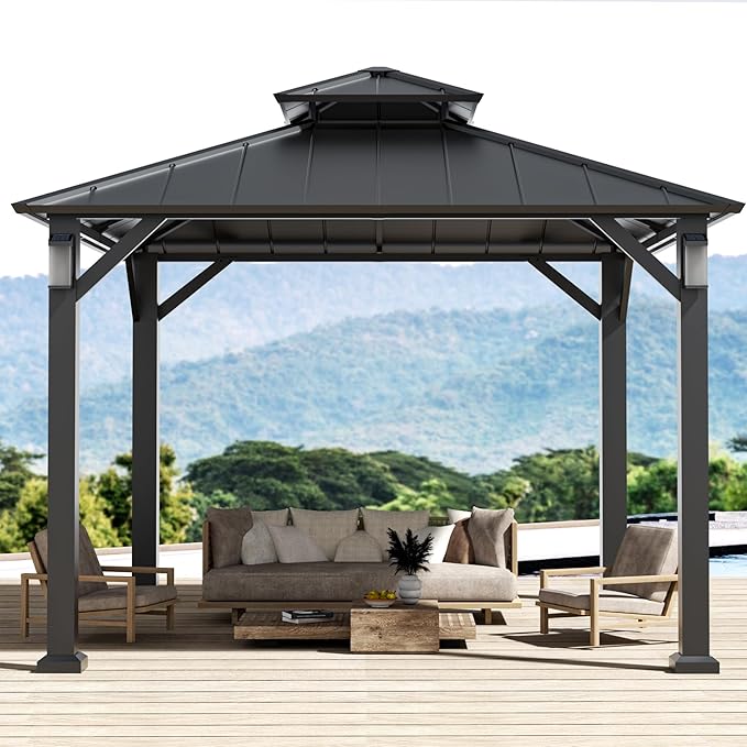 Modern Shade Hardtop Gazebo 10' x 10', Permanent Metal Gazebo with 4 LED Lights, Outdoor Pavilion with Galvanized Steel Roof & Frame Patio Pavilion for Backyard, Deck, Garden, Lawn