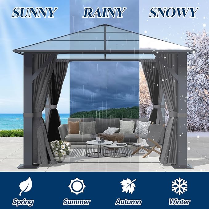 COVERONICS 10FT x 10FT Patio Polycarbonate Hardtop Gazebo with Steel Frame - Outdoor Translucent Roof Gazebo with Breathable Netting & Shaded Curtains for Porch, Lawn, Garden, Backyard, Poolside