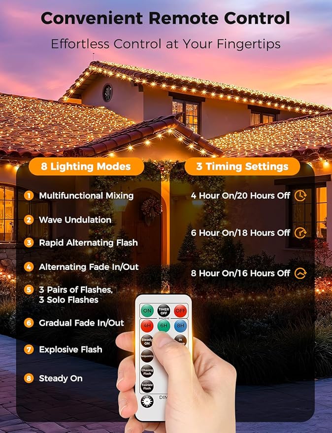 Brightever LED Christmas Tree Lights - 900 Bulbs 295FT, Plug-in Outside Christmas Light with Remote, 8 Lighting Modes, 3 Timers, Dimmable, LED Light Decor for Xmas Tree, Car, Fence (Warm White)