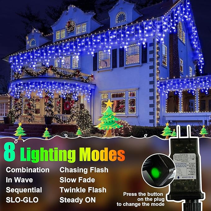 Christmas Lights Outdoor, 49FT 450 LED Ice Lights for Outside, Ice String Lights with 8 Modes, Waterproof Timer Memory Hanging Light for Eaves Party Yard Garden(Blue)