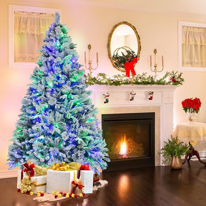 GOFLAME 7 FT Artificial Christmas Tree with Pine Needles, Snow Flocked Xmas Tree with 1270 PE & PVC Branch Tips, 320 LED Lights & 40 Pine Cones, Hinged Decoration Tree with 8 Lighting Modes