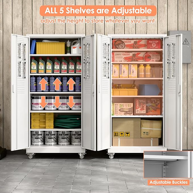 Aobabo Upgrade 71H''*34''W*18''D Metal Garage Storage Cabinet with Wheels and Pegboards, 5 Adjustable Shelves Steel Storage Cabinets for Home,Warehouse,Garage,Assembly Required,White