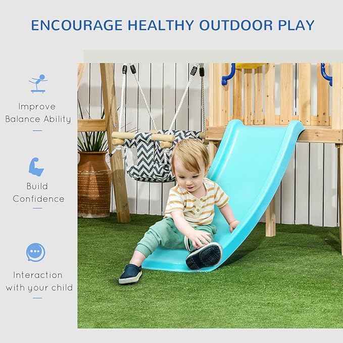 Outsunny Swing Set for Backyard, Wooden Toddler Outdoor Playset with Baby Swing Seat, Kids Slide, Fort, Playground Equipment with Captain's Wheel, Telescope for Ages 1.5-4, Natural