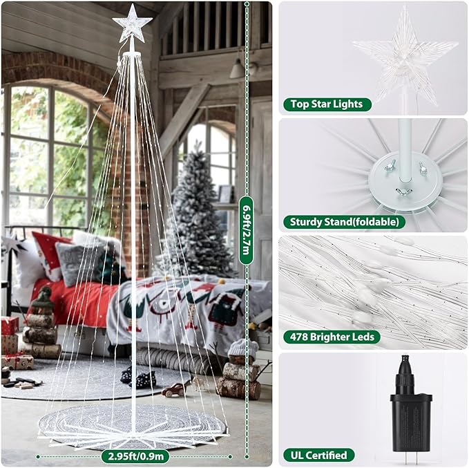Outdoor Christmas Tree 9ft 478 LEDs Light Smart Spiral Cone Tree App and Remote Control, Music Sync DIY Functionality Perfect for Decor Yard and Parties