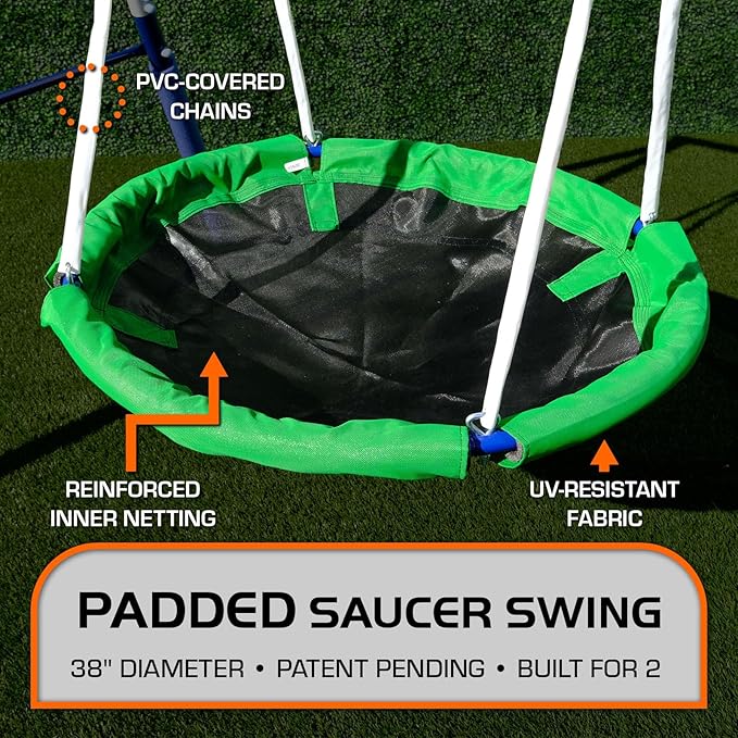 TSC Malibu Swing Set for Kids, Outdoor Metal Playset with 5ft Slide, 38" Saucer, Surfboard Swing, Standing & Blow-Molded Swing – Backyard Fun with 500lbs Max Capacity